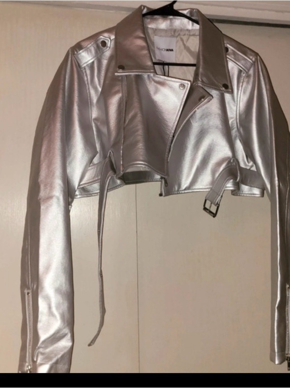 Fashion Nova Silver Cropped Moto Bomber Jacket